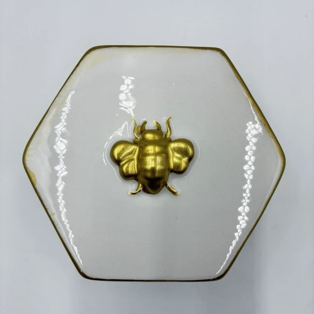 White Gold Trinket Jewelry Vanity Holder Box With Bee Hand Painted Octagon Shape